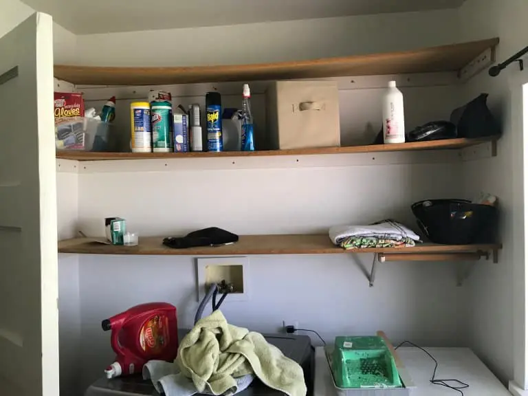 Messy laundry room shelves