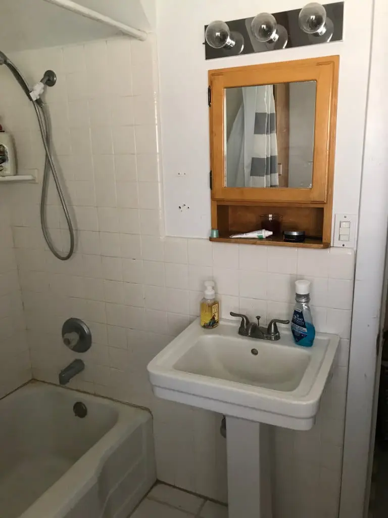 Medicine cabinet and sink and shower