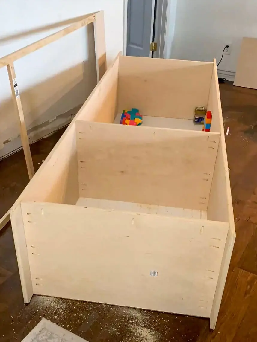 built-in shelving and a sturdy frame for a custom home office storage solution.