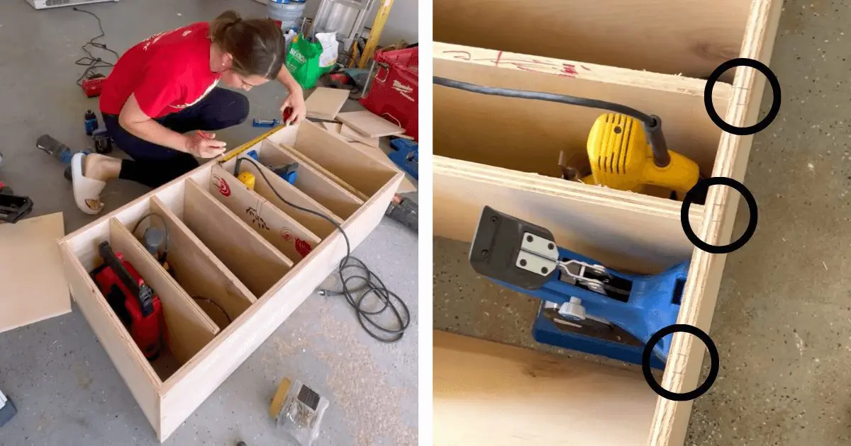 Woman in red shirt using a drill on wood