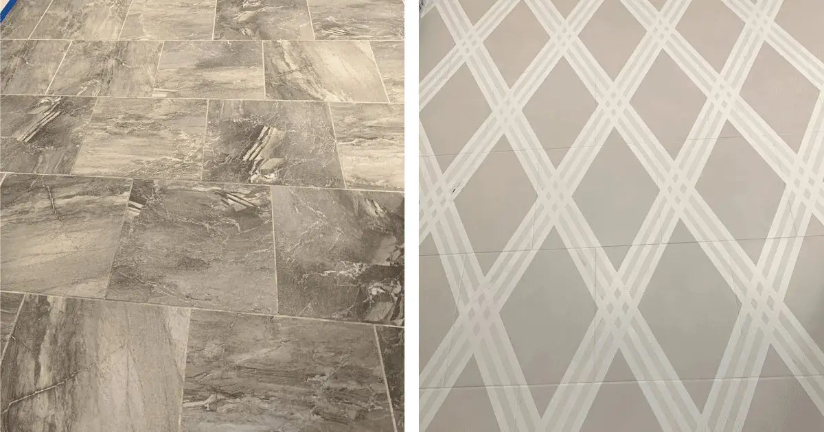 Before and after picture of painted tile floor