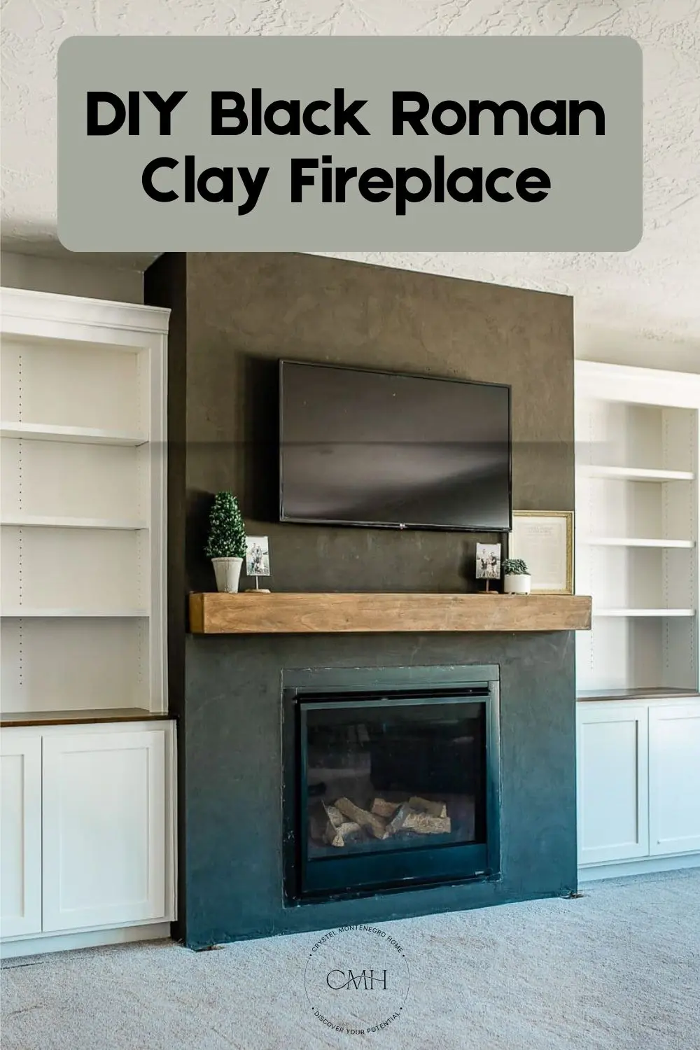 DIY black Roman Clay fireplace with wood beam mantel - pin for later