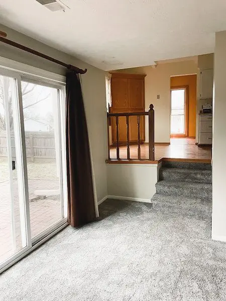 back door and stairs with grey carpet