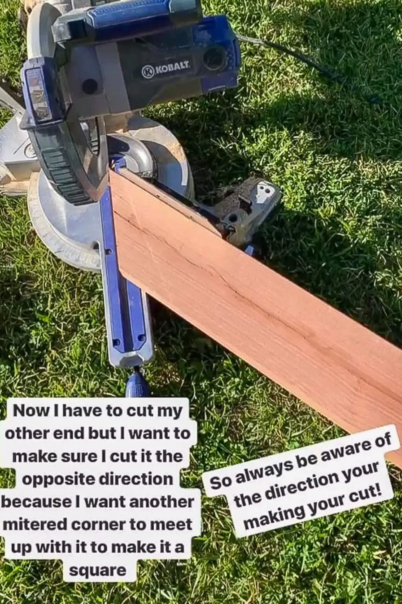 Wood board positioned on a miter saw for a 45-degree cut during trim work on a DIY small front porch, with tips about cutting direction for clean corners.
