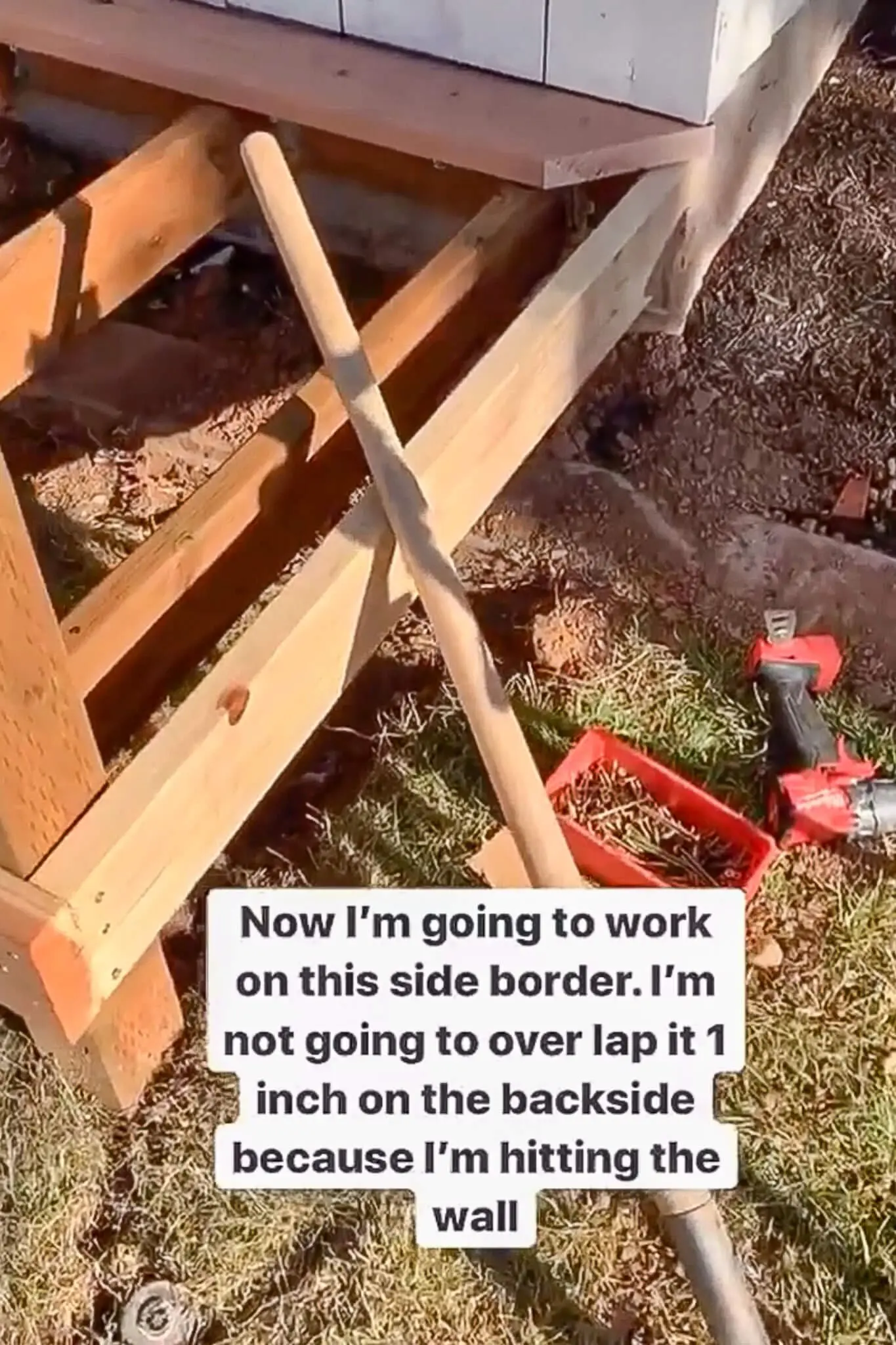 Side view of framing and trim installation with notes on adjusting the side border placement due to the house wall.