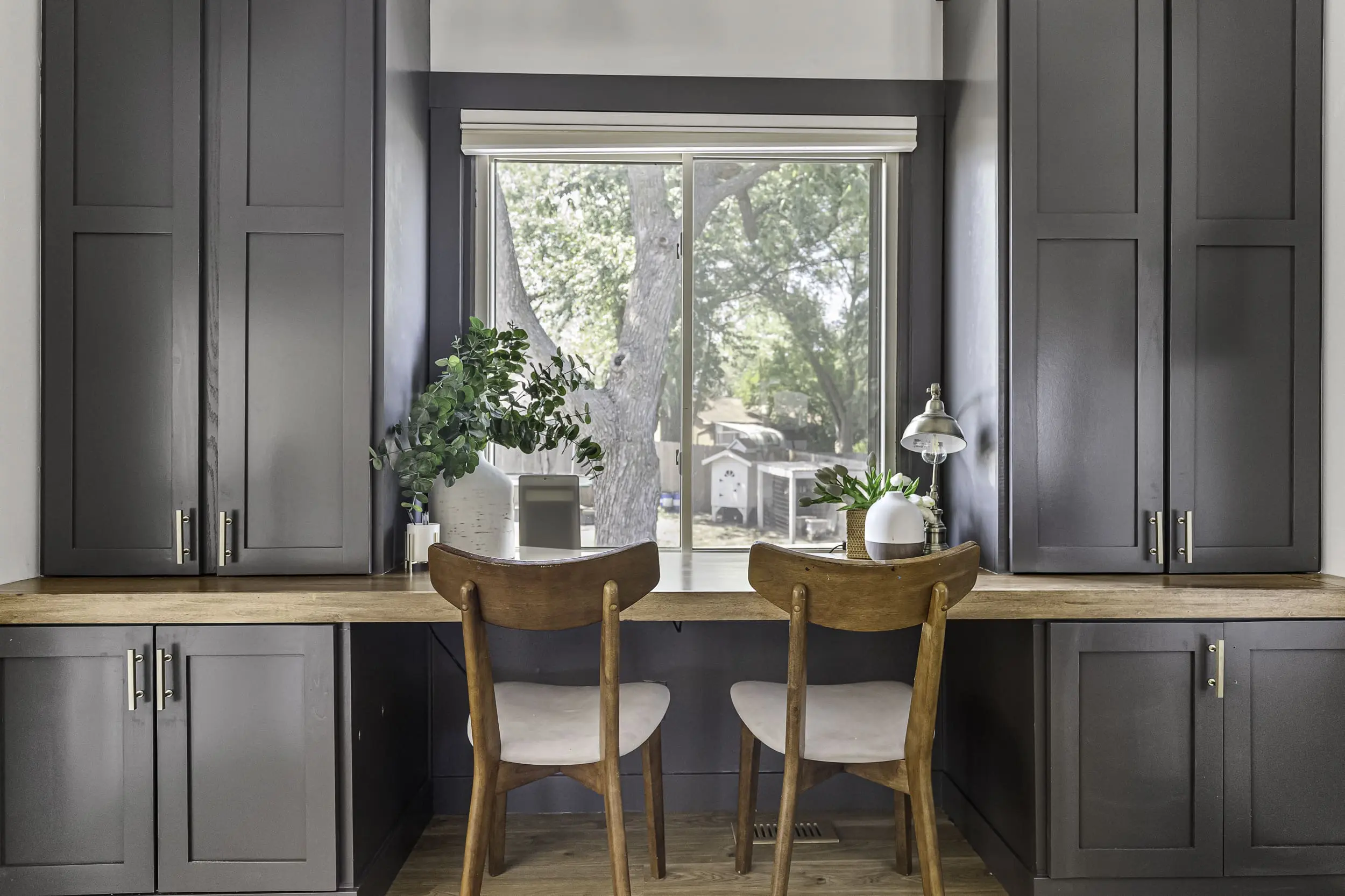 beautiful built in for home office with shaker cabinet doors