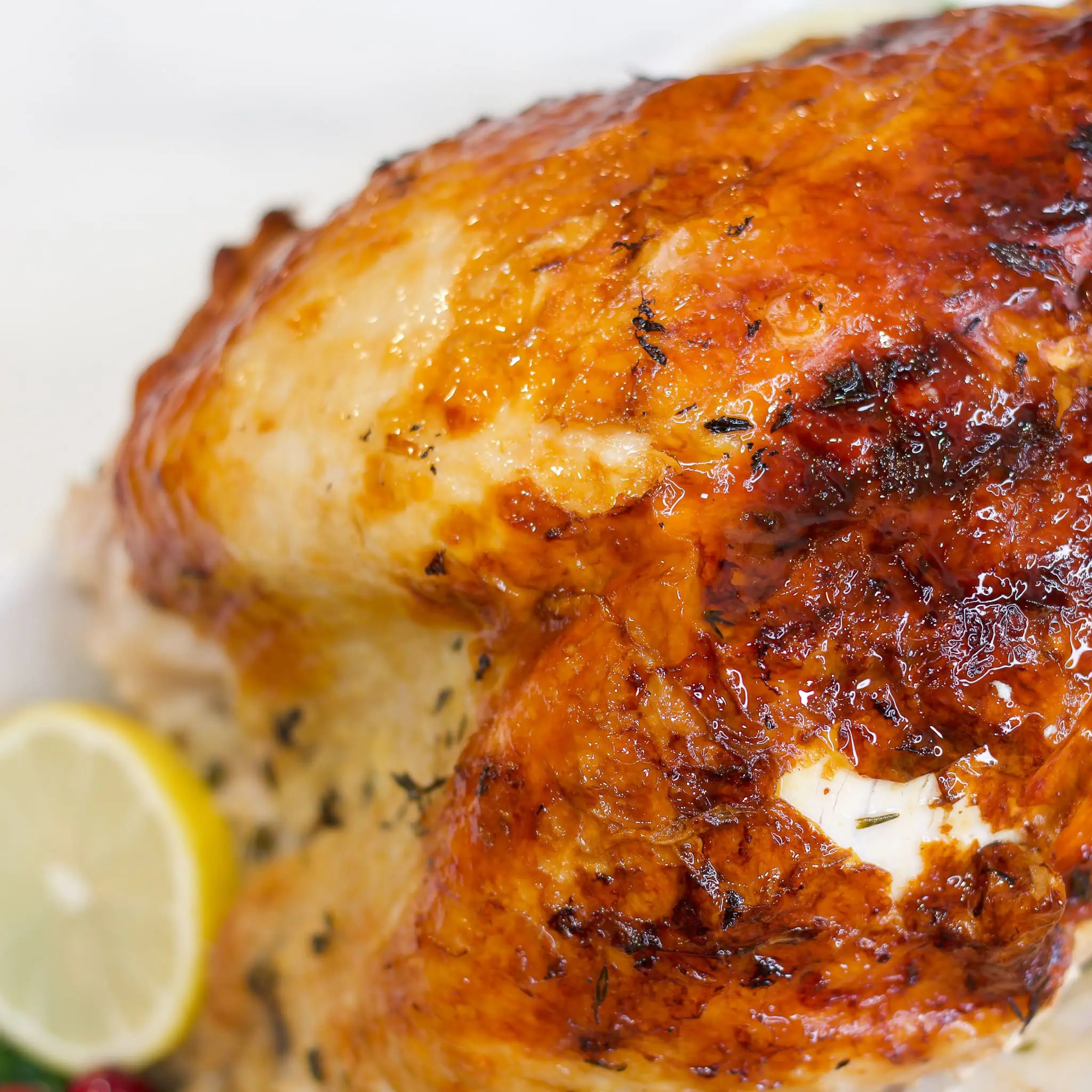 Close-up of a golden-brown roasted turkey with crispy, herb-seasoned skin, glistening from the oven—served with a lemon slice for garnish, perfect for a Thanksgiving or holiday meal