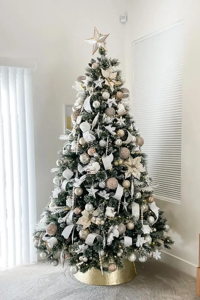 christmas tree with ribbons and ornaments