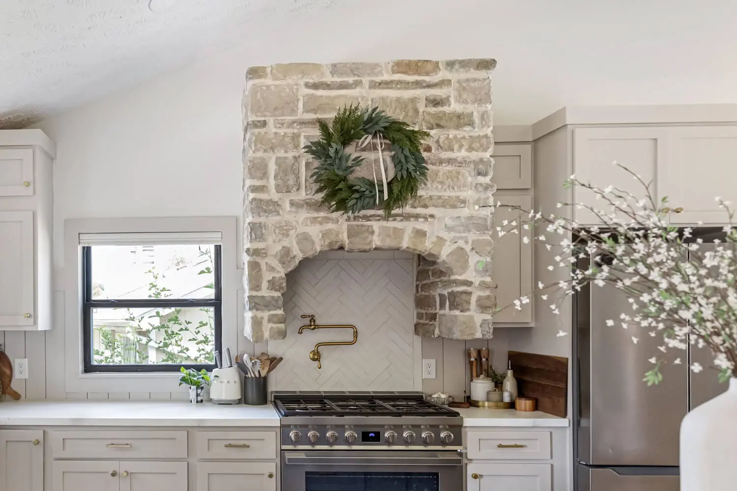A finished stone range hood.