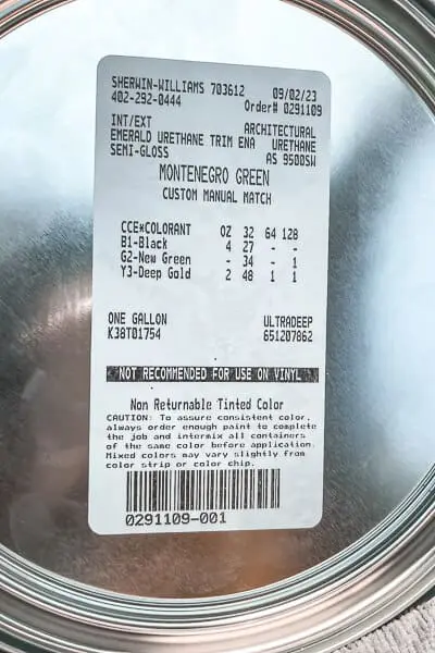 Paint formula label for Montenegro Green—custom color used on DIY Murphy bed built-ins