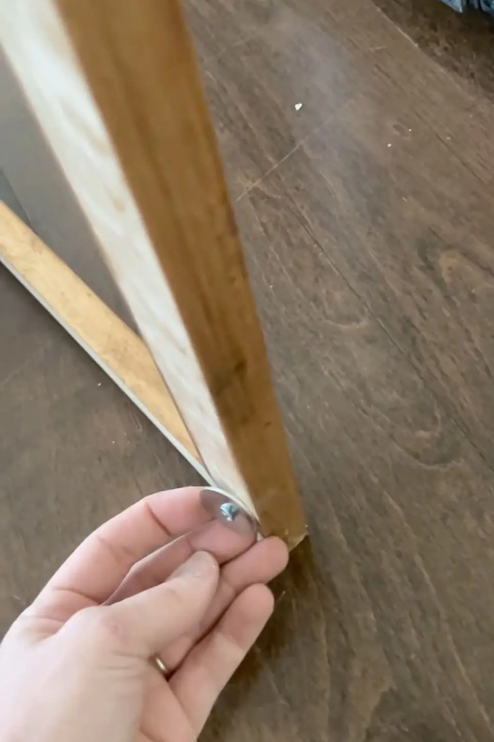 A screw and a washer attached loosely to the back of a frame. 