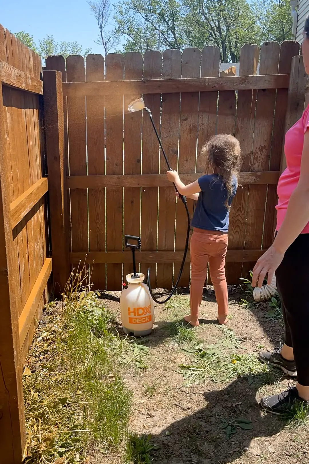 Using a sprayer to apply stain to a wood fence.