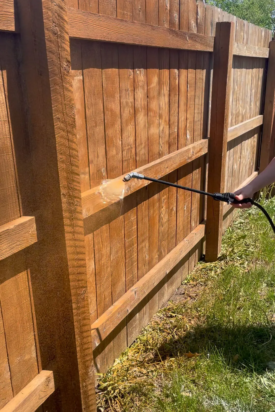 Using a sprayer to apply stain to a wood fence.