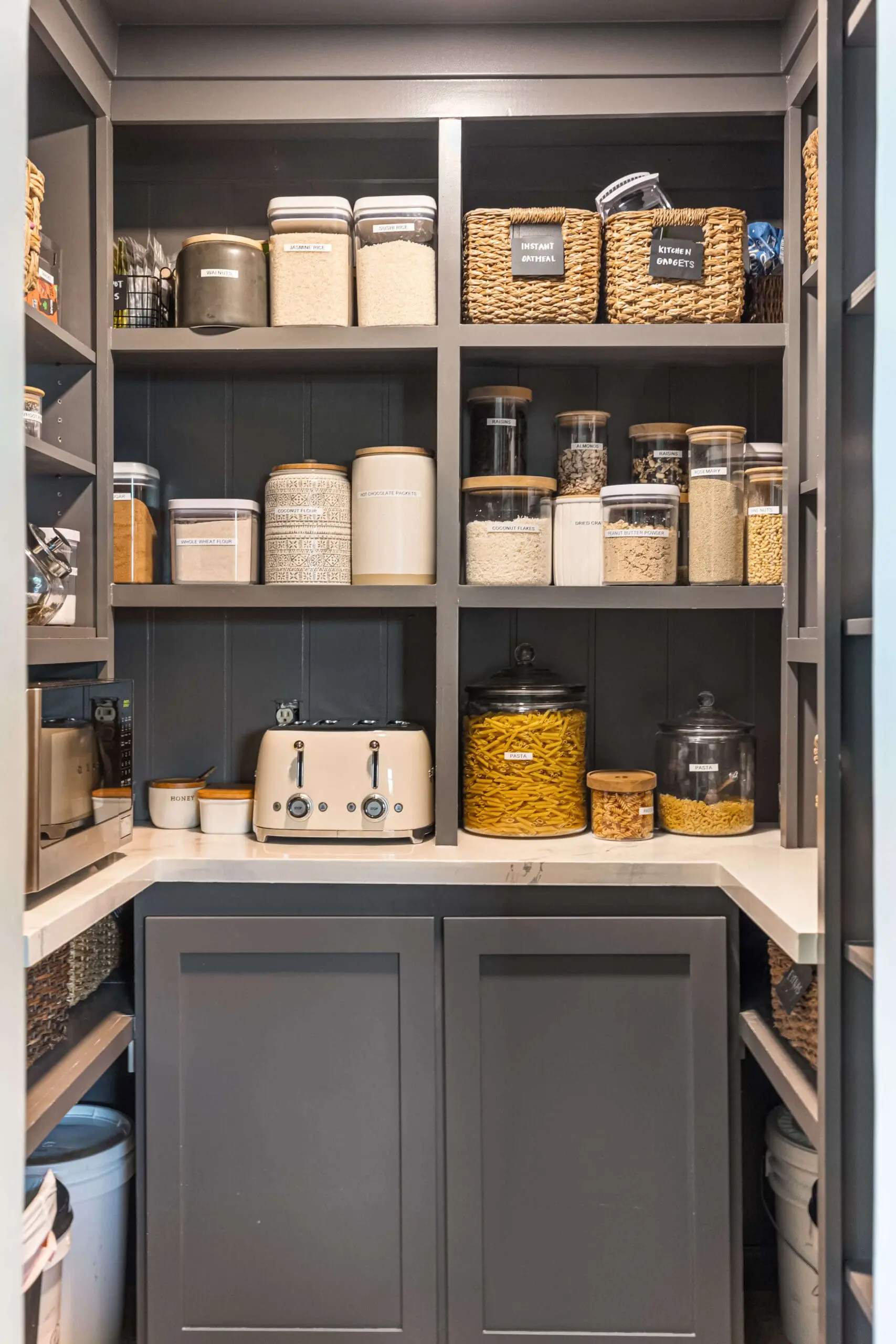 Beautiful, finished DIY pantry shelves.