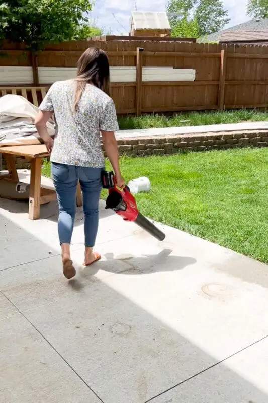 Using my handheld, cordless blower to clean up dirt on my patio.