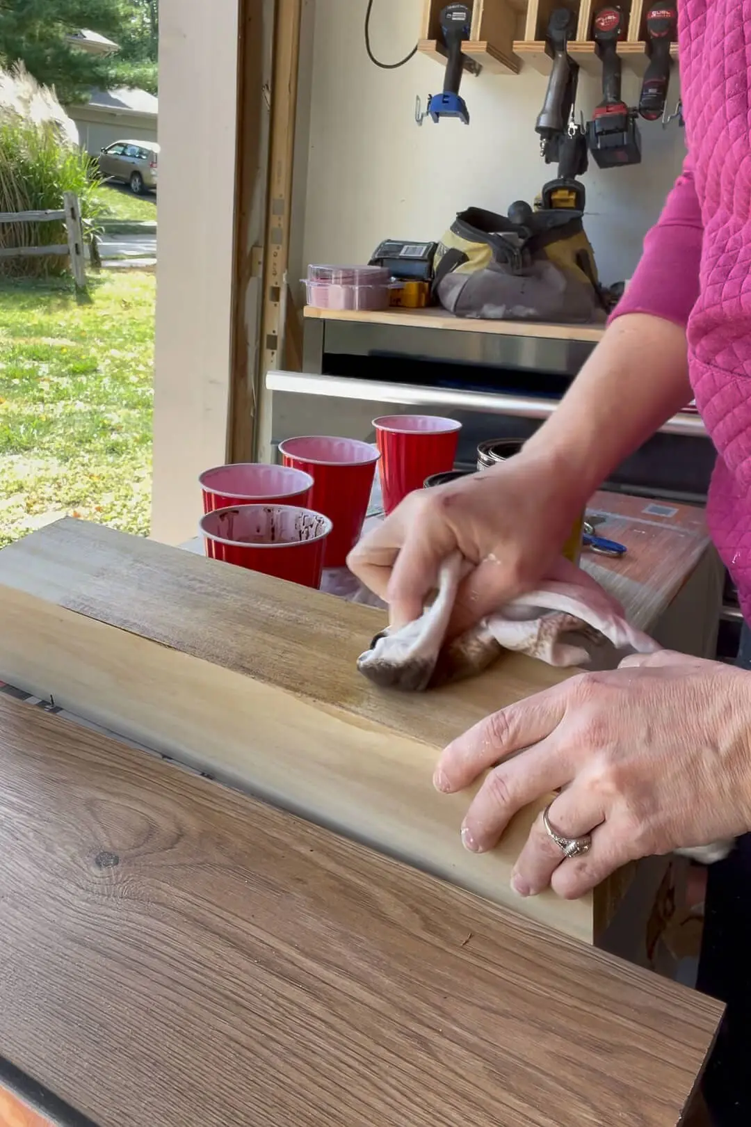 Staining the wood on my new, modern stairs.