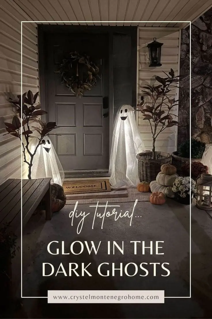 Pinterest graphic of the porch at night with glowing sheet ghosts and the text “Glow in the Dark Ghosts.”