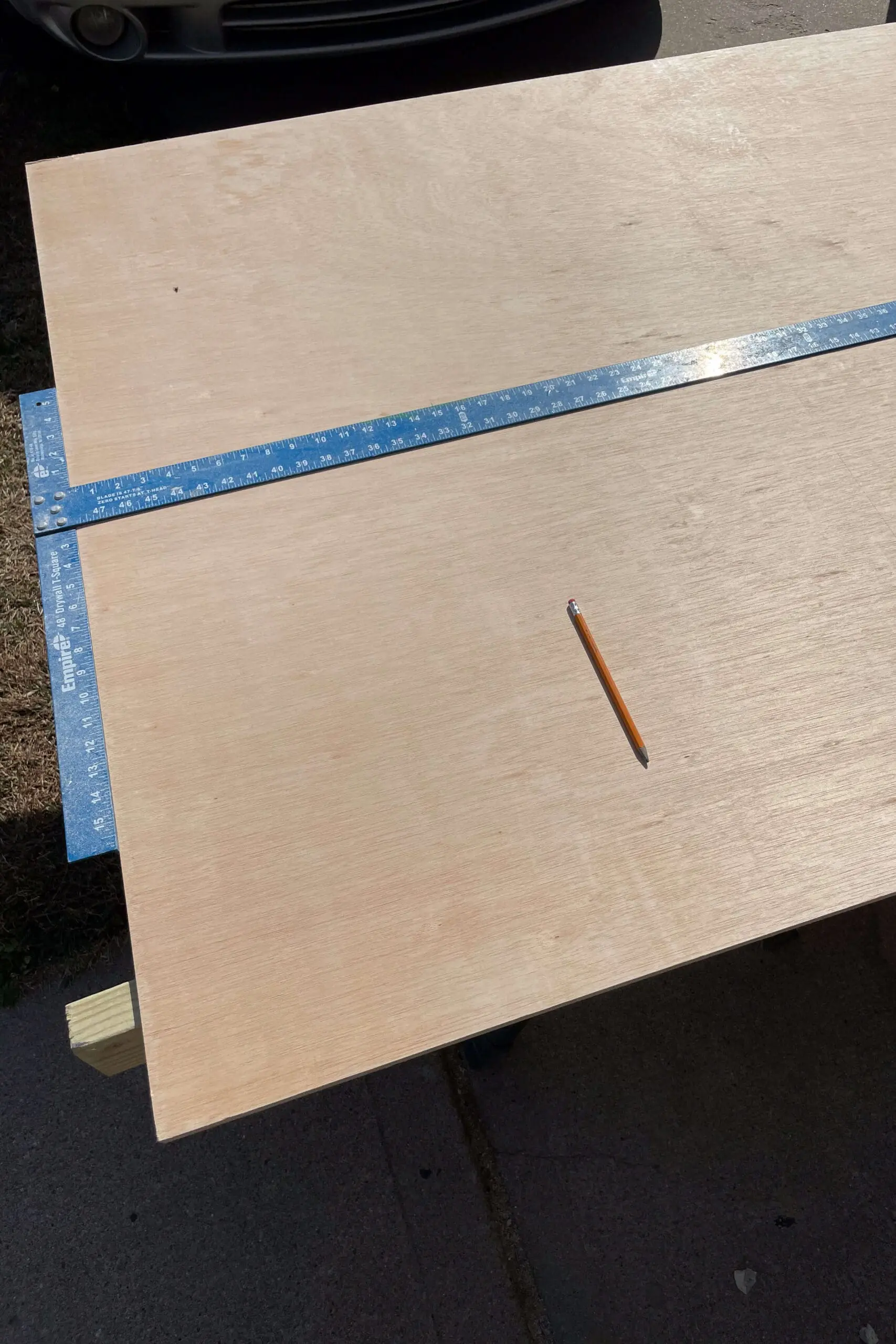 Large plywood sheet on a work table, marked and measured with a blue ruler and pencil. The smooth wood surface is ready for precise cuts and detailed crafting.