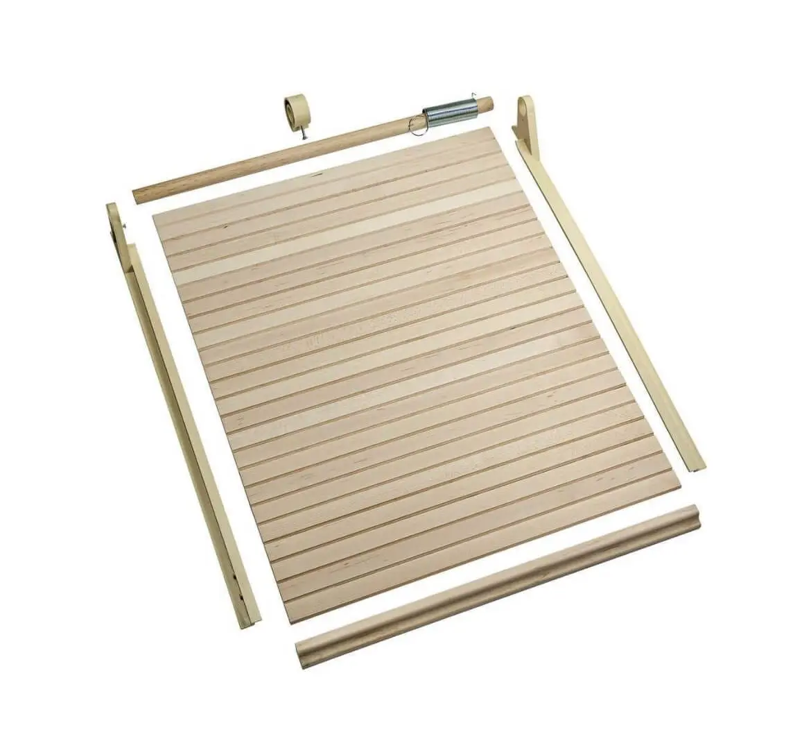 Unassembled tambour door kit featuring flexible slatted wood panel, side tracks, dowel rod, and rolling mechanism. The natural wood finish and beige hardware make it ideal for creating a retractable cabinet or appliance garage.