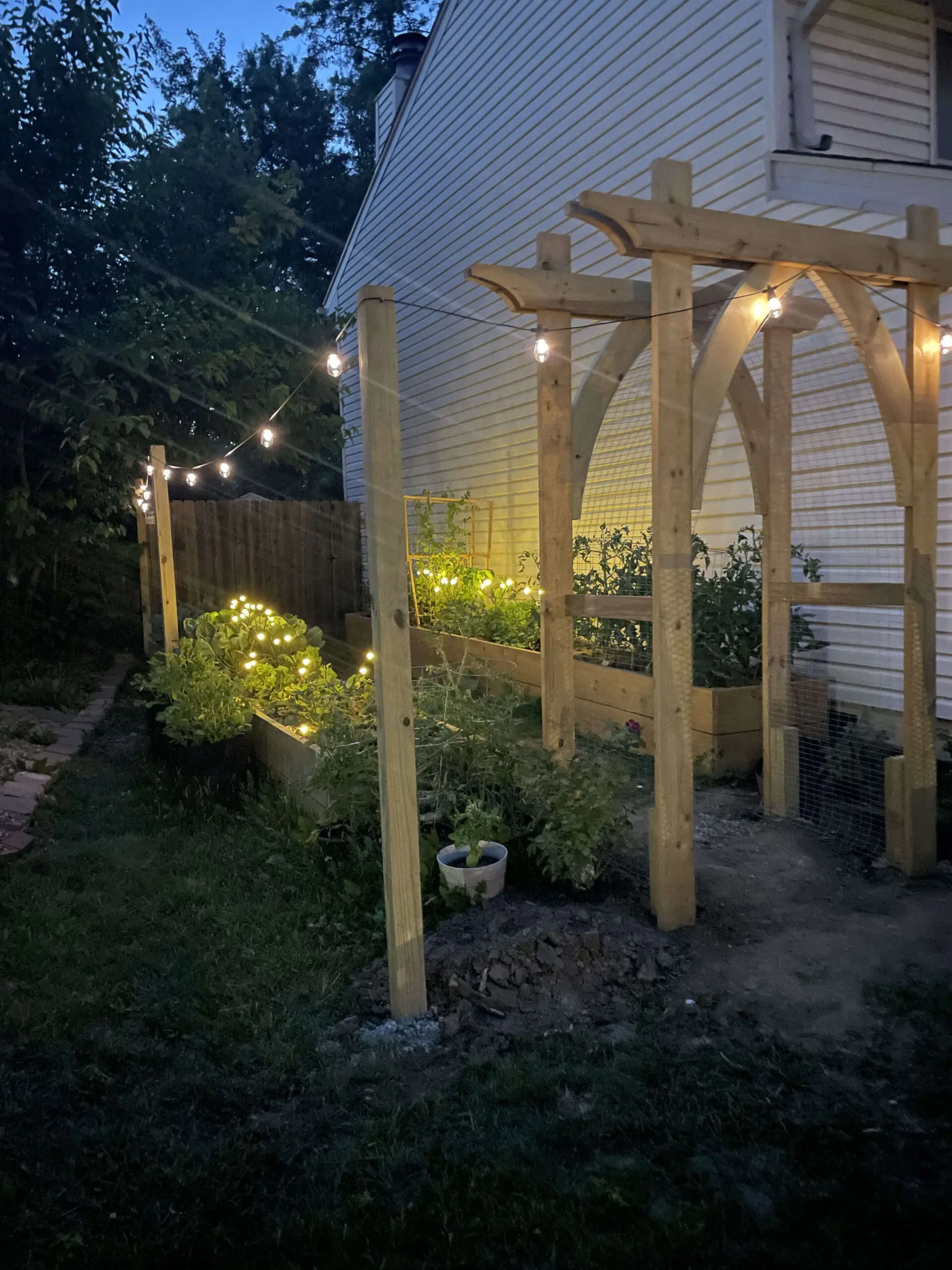 A wooden garden arbor illuminated at night, with glowing string lights creating a warm, inviting atmosphere. Raised garden beds filled with greenery add depth to the backyard setting.