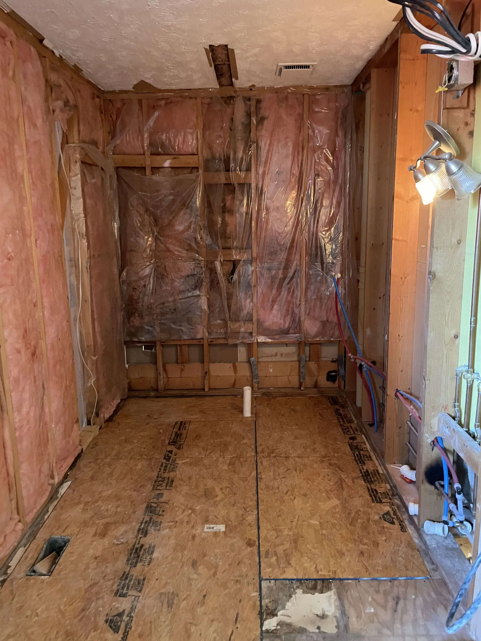Bathroom stripped down to the studs with exposed pink insulation and plywood subfloor. Plumbing pipes are visible along the walls, and a new drainpipe is in place for upcoming installations. The space is prepped for a full remodel with electrical wiring exposed near the ceiling. The first step to a primary bath remodel.