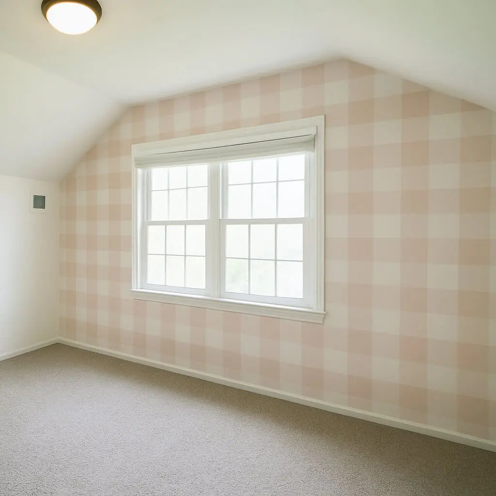Close-up view of a pink buffalo plaid accent wall with soft white and blush tones in a girl’s bedroom.
