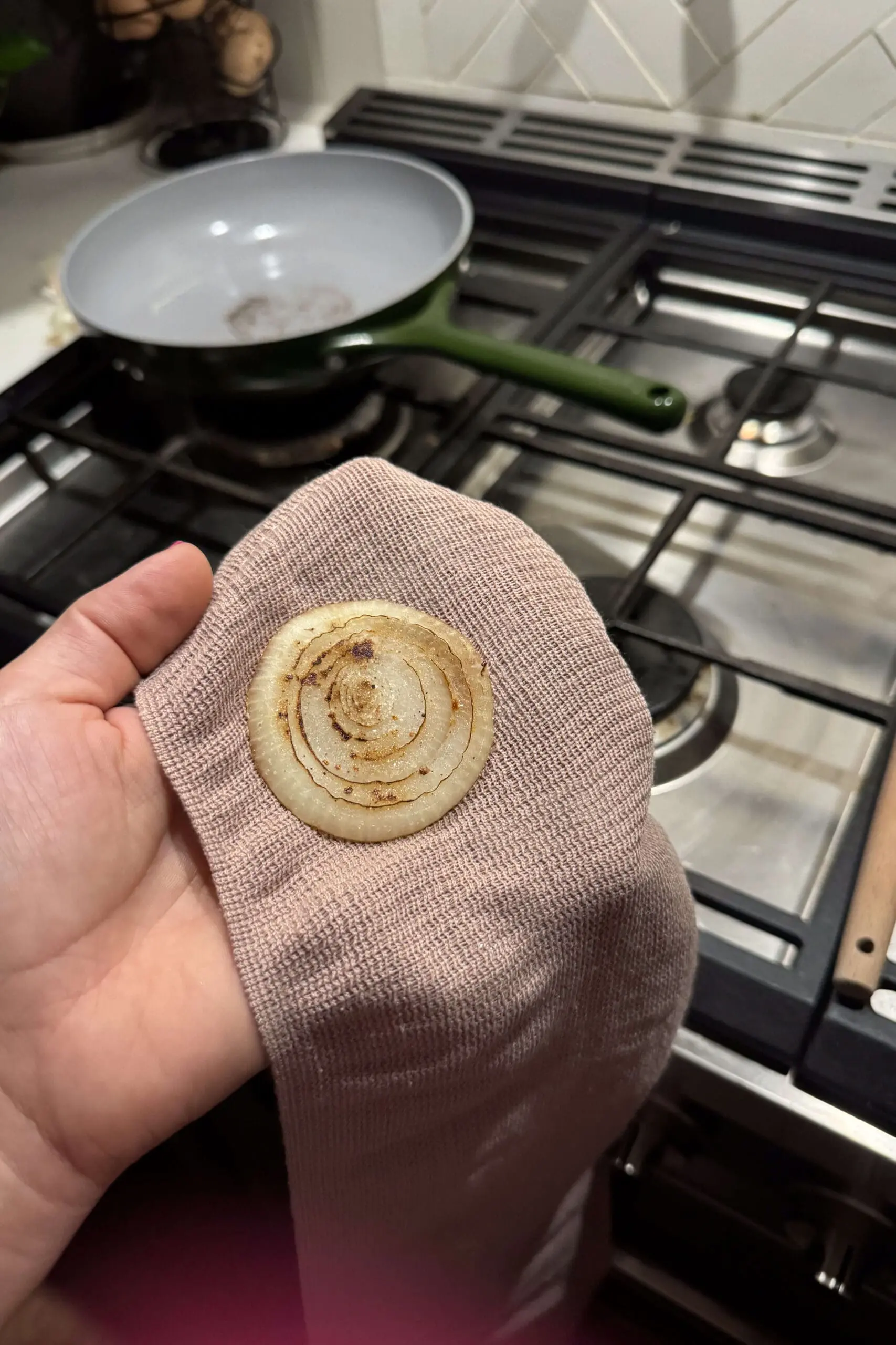 Warm onion poultice on pink cloth, a traditional home remedy for chest congestion.