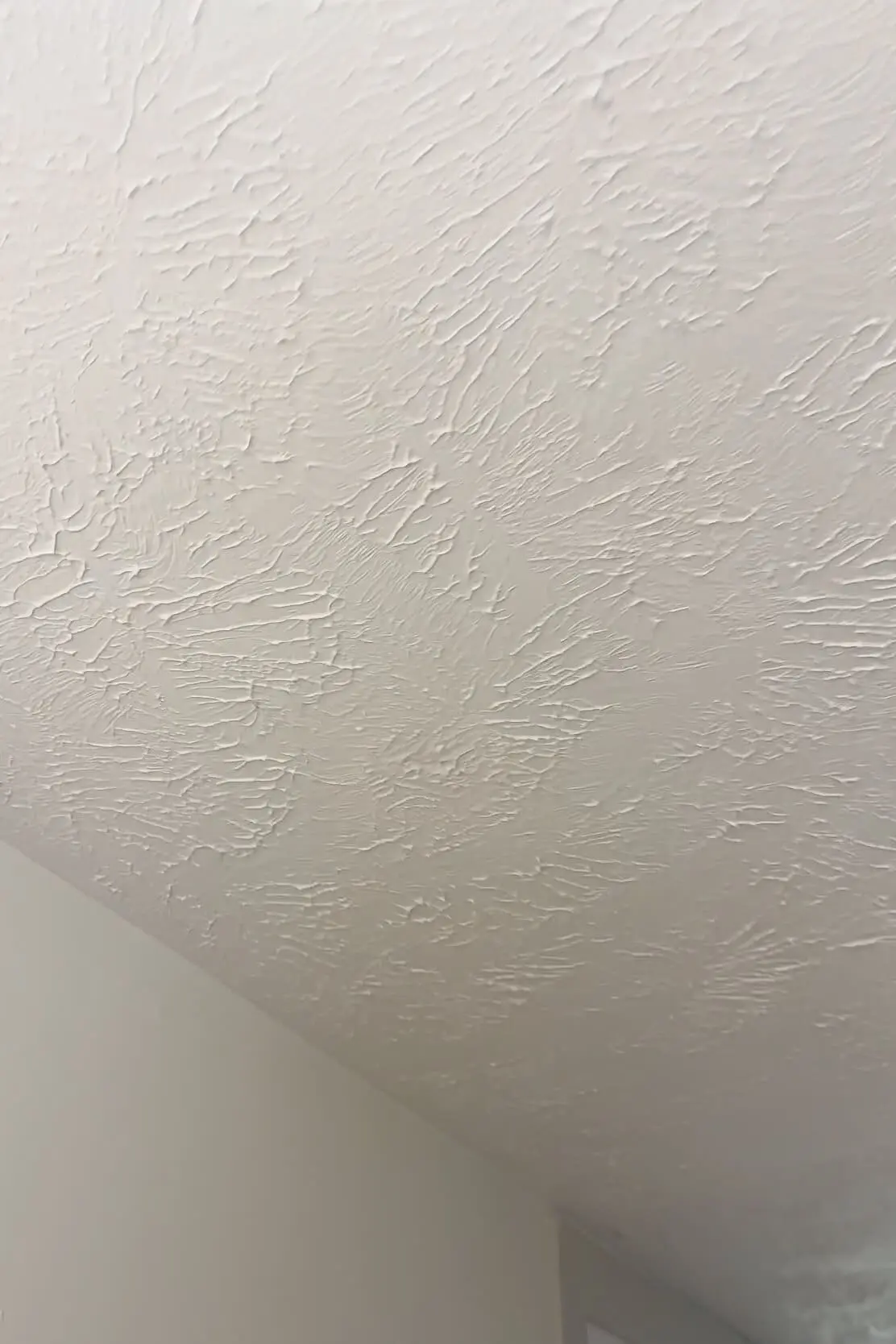 Close-up of a fully painted textured ceiling with no visible patch marks