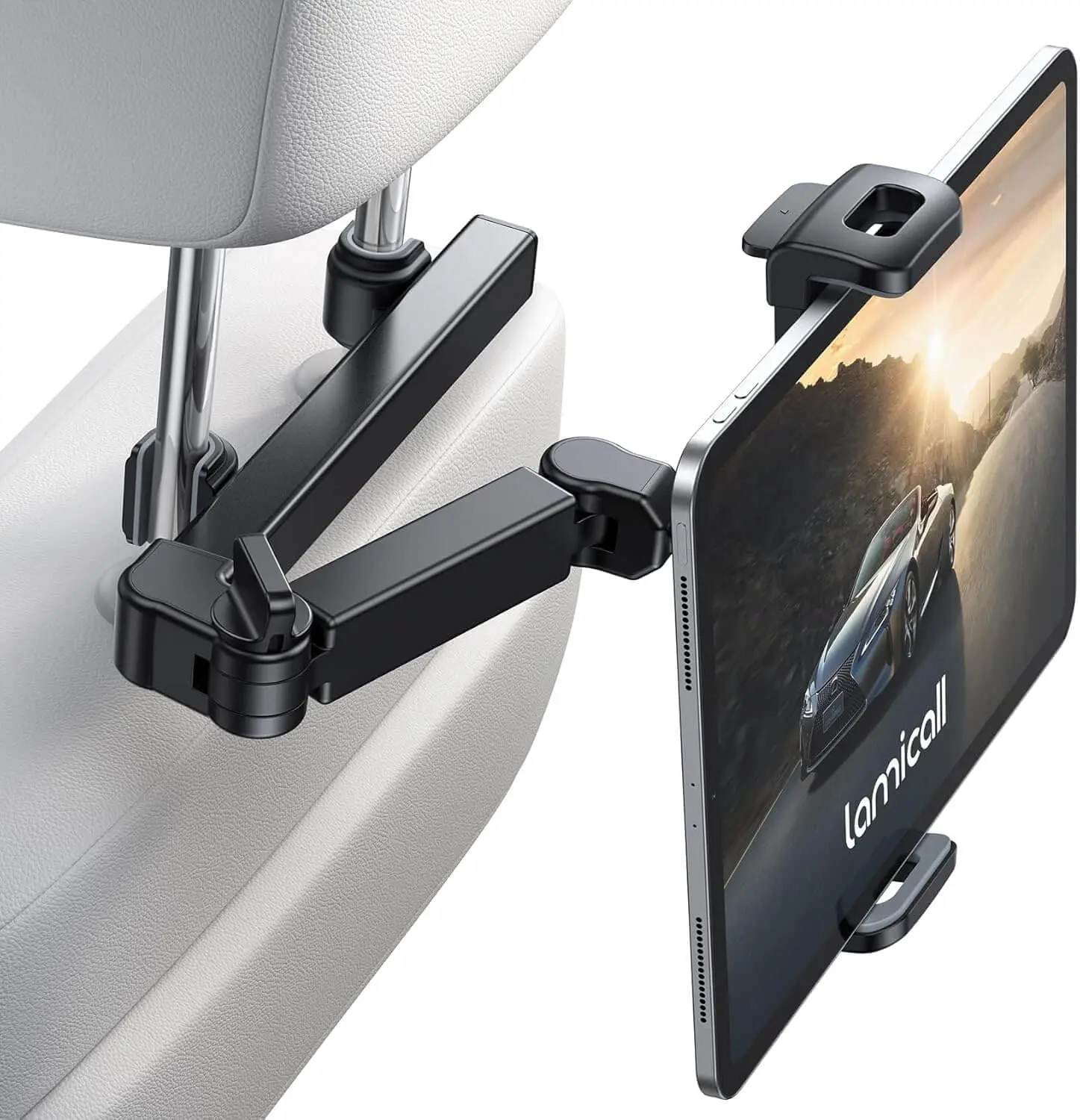 Adjustable iPad car mount attached to the back of a headrest, displaying a cartoon movie for kids to watch during long drives.