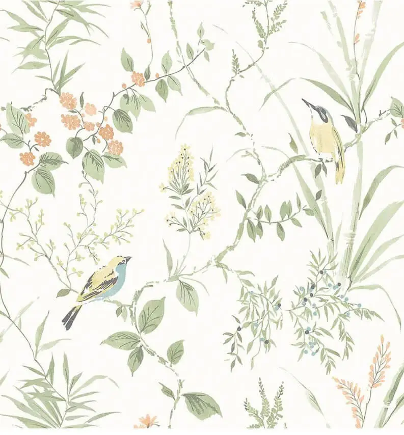 Close-up of the botanical bird print design on a traditional wallpaper pattern