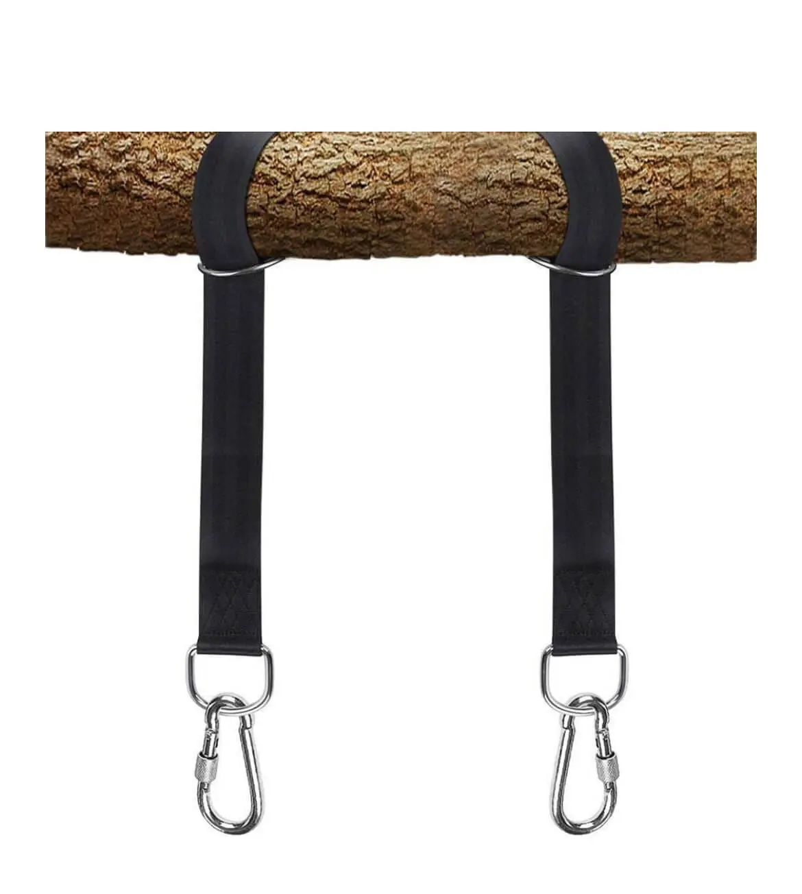 Close-up of tree swing hanging straps wrapped securely around a tree branch with metal carabiners.