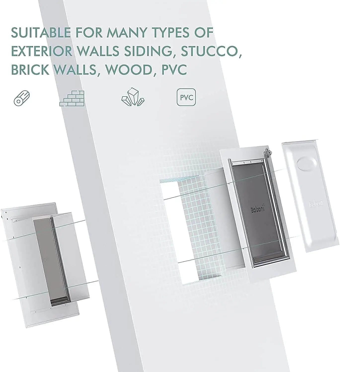 Diagram of wall-mounted dog door with exploded view showing layers for installation in wood, brick, PVC, and other materials.
