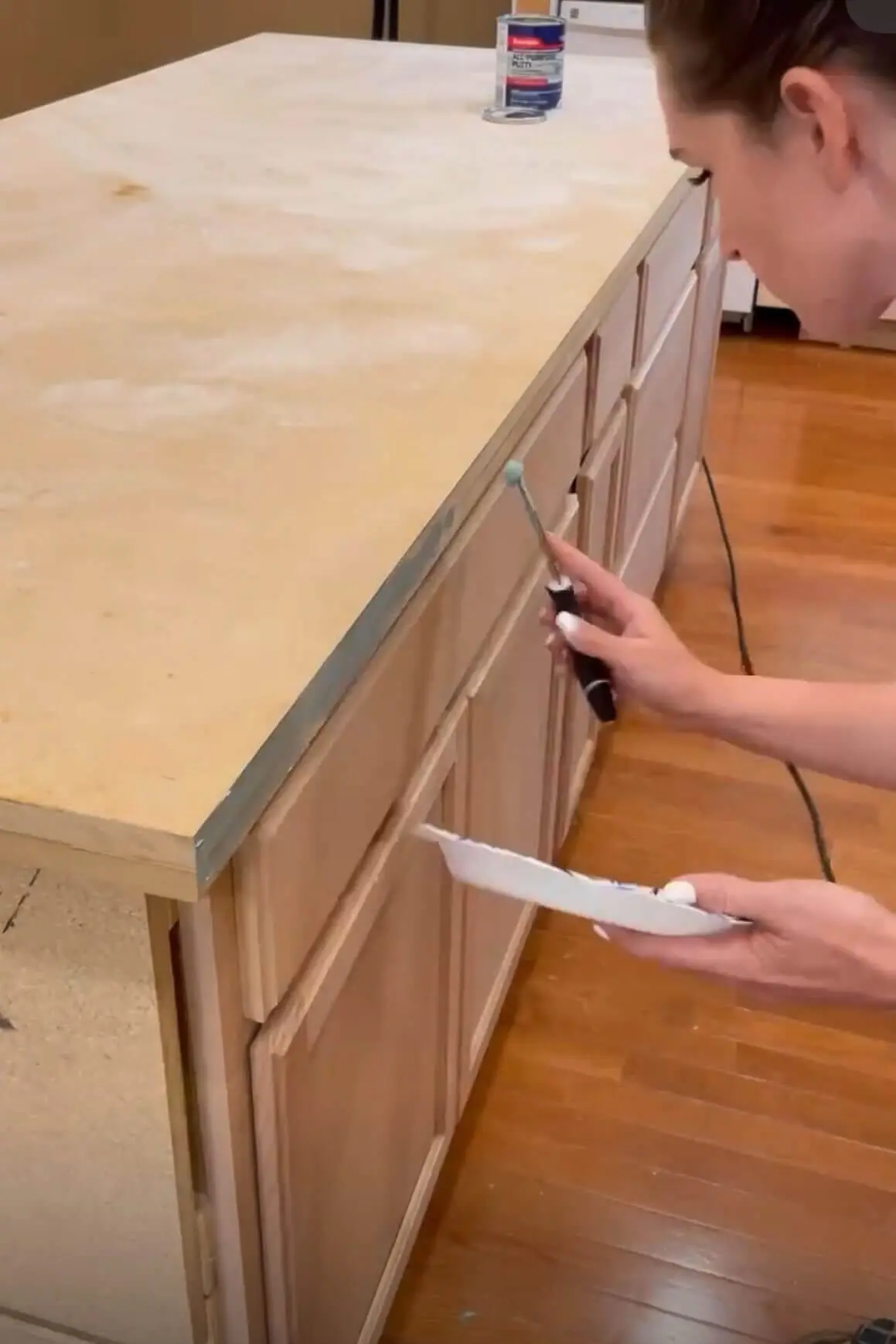 Prepping raw wood cabinets and unfinished countertop base for DIY epoxy kitchen countertop project