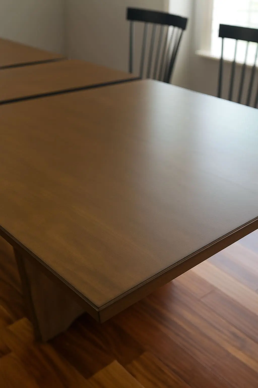 Close-up of a dark walnut kitchen dinette with a smooth, matte polyurethane finish, highlighting the clean edge in natural light.