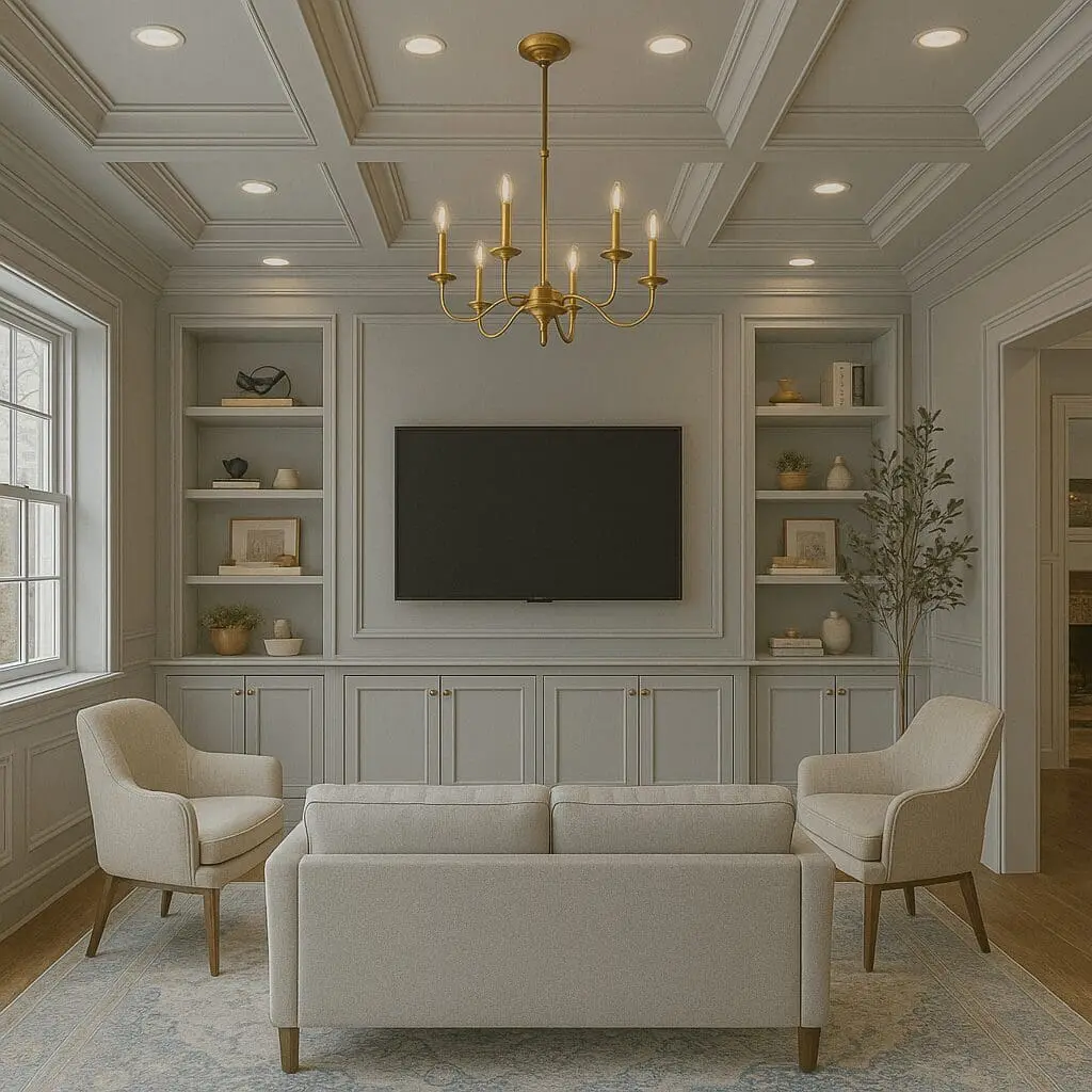 Using ChatGPT for interior design with an elegant living room with blue-gray built-in cabinets, flat-screen TV, beige sofa, modern armchairs, gold chandelier, coffered ceiling, and built-in shelves styled with decor.