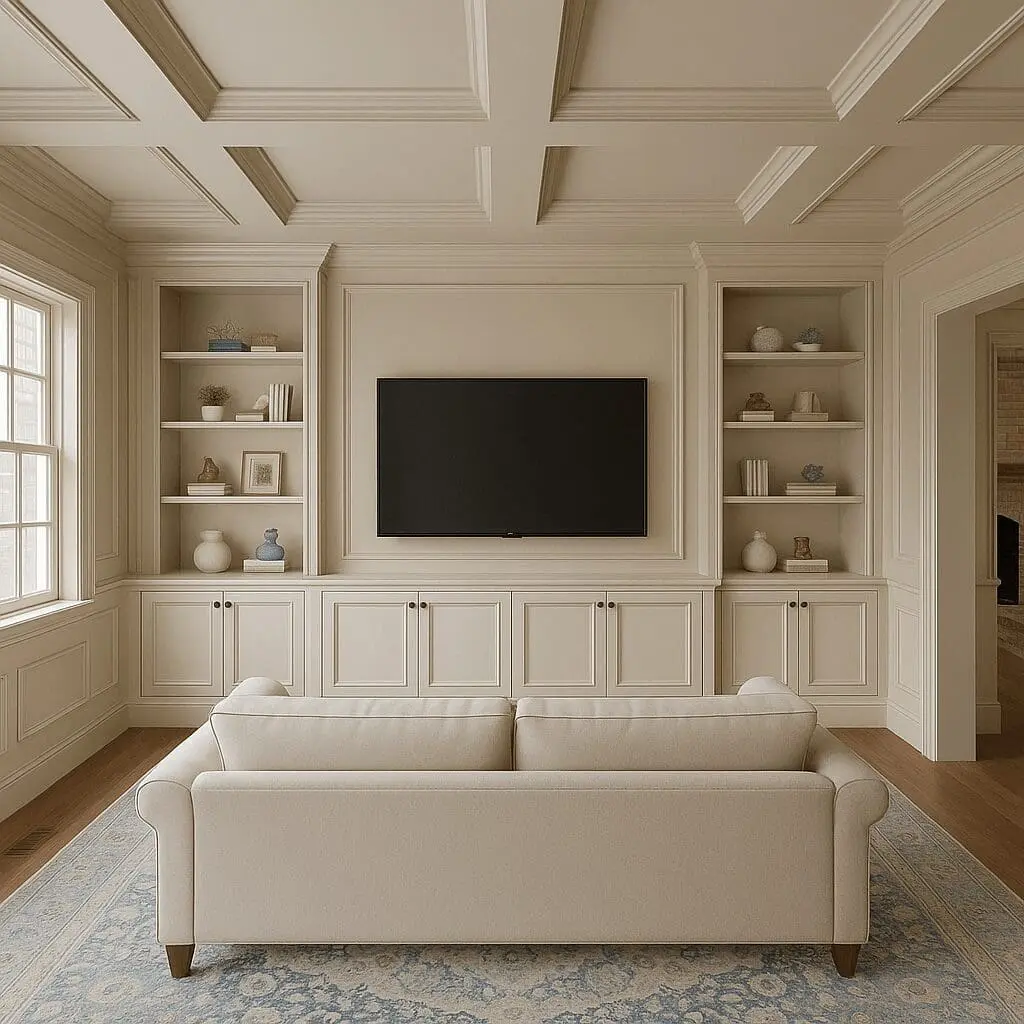 Rendering from ChatGPT showing the interior design of a living room with coffered ceiling, cream built-in cabinets, flat-screen TV, beige sofa, and blue patterned area rug on hardwood floors.