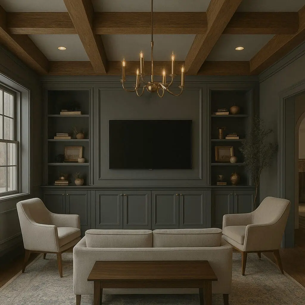 Moody living room with dark green built-in cabinets, flat-screen TV, beige sofa, armchairs, wood coffee table, coffered ceiling with wood beams, and a gold chandelier.