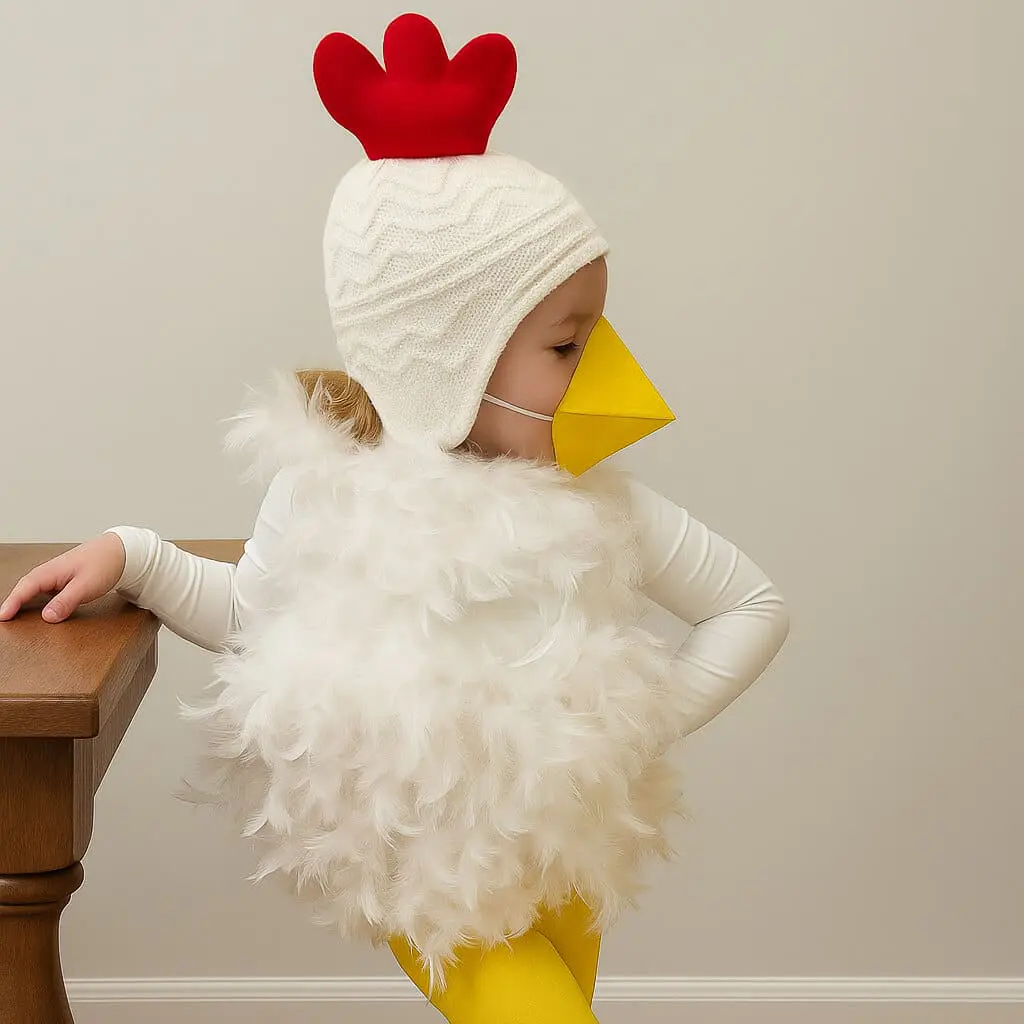 Child wearing a DIY chicken costume with a white feathered body, yellow leggings, red comb hat, and yellow beak, leaning on a wooden table.