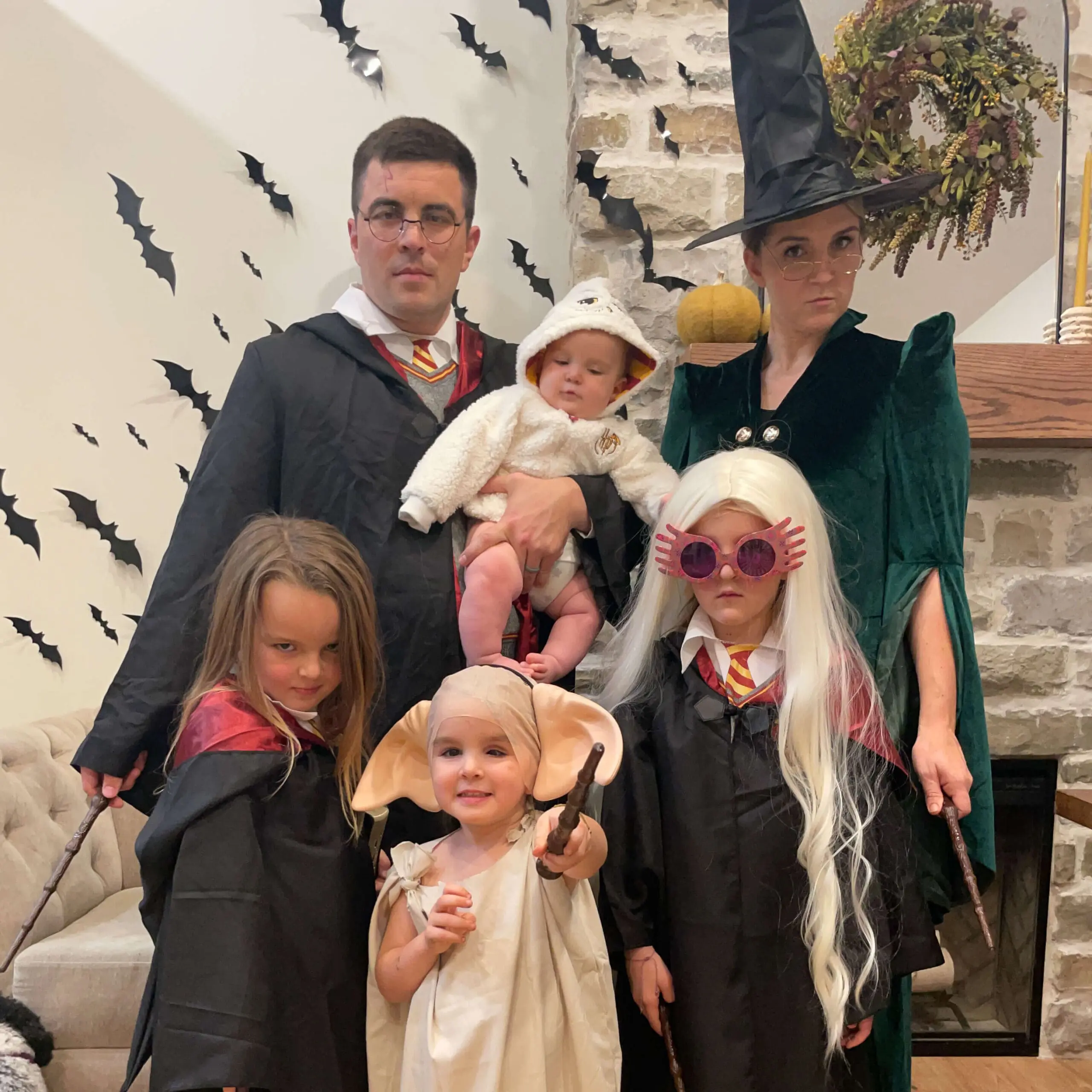 Harry Potter family costumes featuring Harry, Hermione, Luna Lovegood, Dobby, Hedwig the owl, and Professor McGonagall.