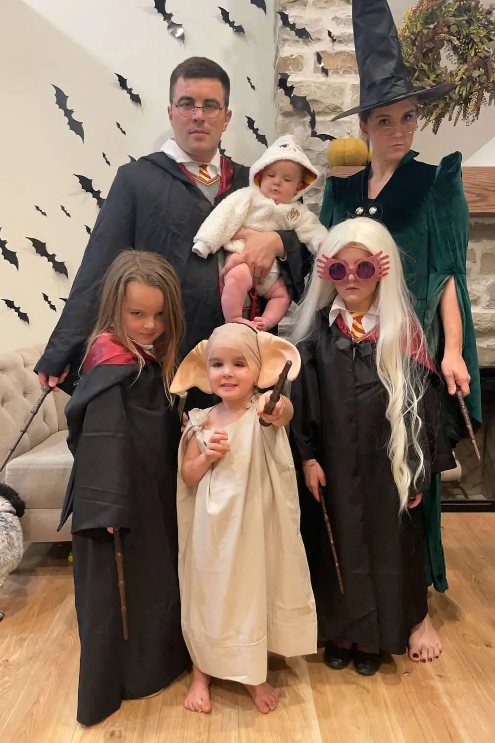 Family dressed in Harry Potter costumes for Halloween with Harry, Hermione, Hedwig, Dobby, Luna Lovegood, and Professor McGonagall.