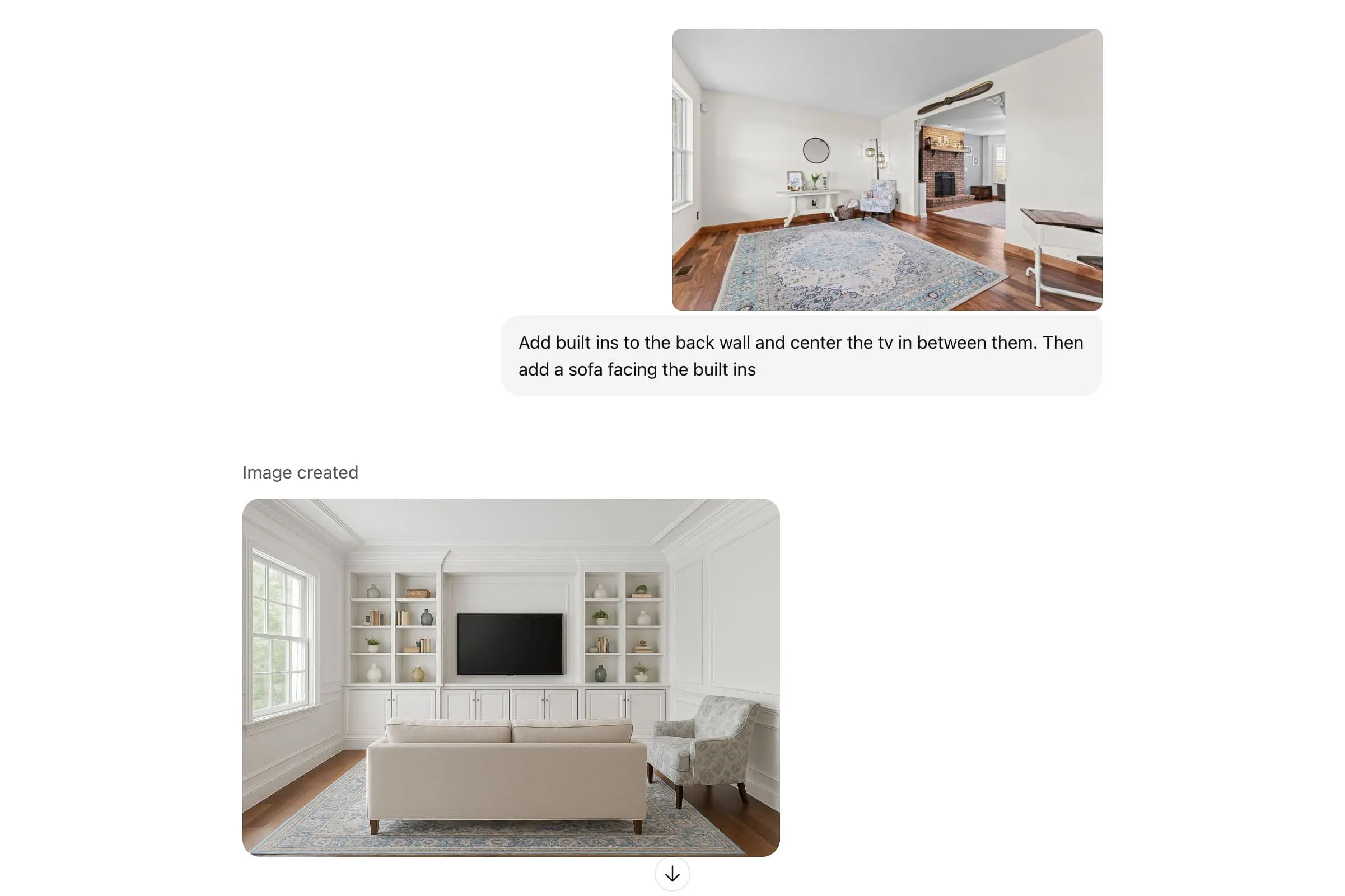 Uploading a photo of an empty living room with hardwood floors, blue patterned rug, and view into adjacent family room with a brick fireplace, and asking ChatGPT for help with interior design of the space.