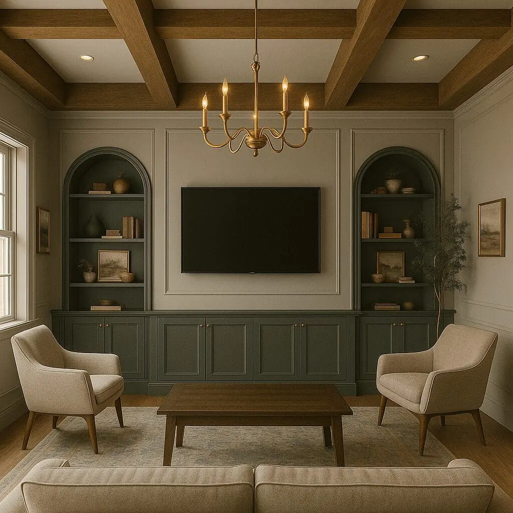 Elegant living room with dark green built-in cabinets, arched shelves, a flat-screen TV, and a gold chandelier on a coffered wood ceiling.