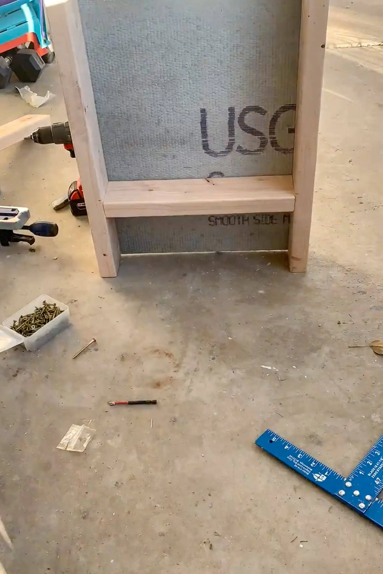 Completed shower niche box with cement board attached, ready to be installed between wall studs.