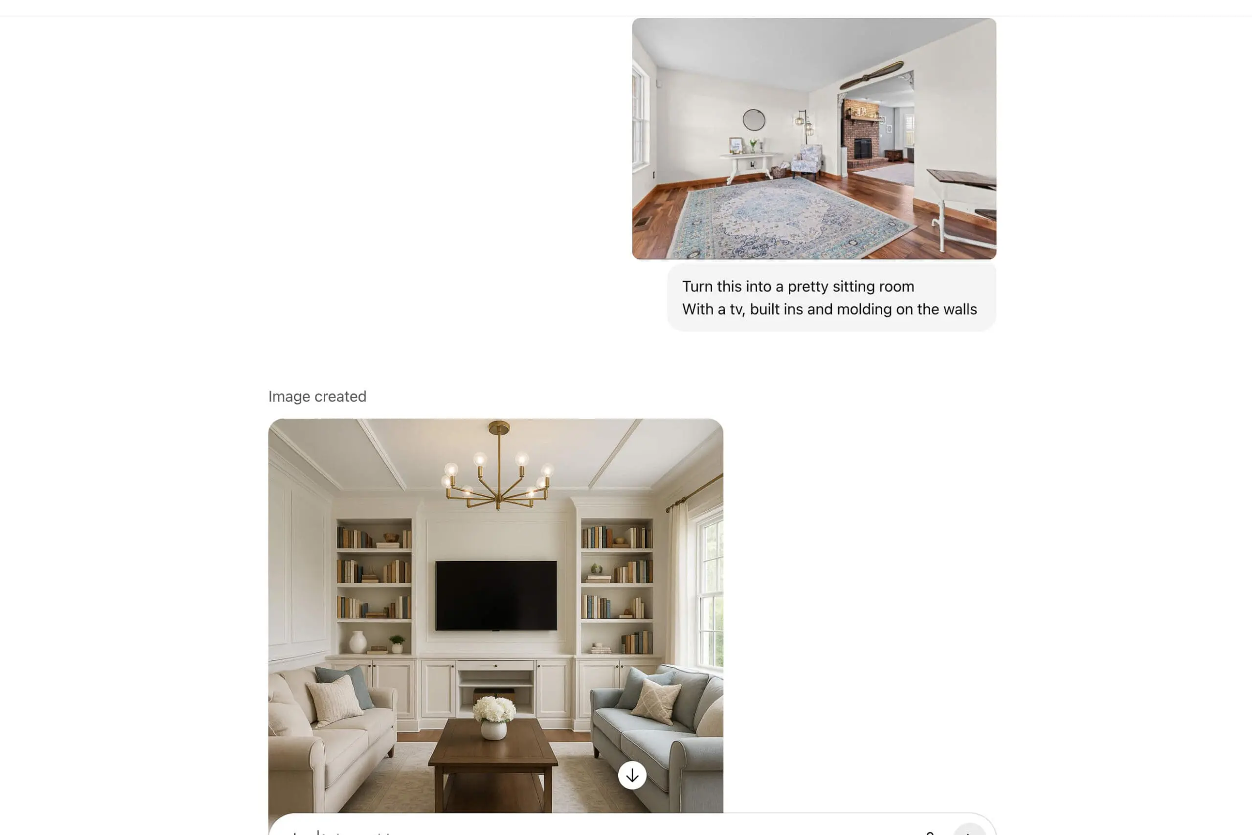 Elegant sitting room makeover with custom white built-in shelves, flat-screen TV, molding on the walls, beige and blue sofas, and a modern chandelier.