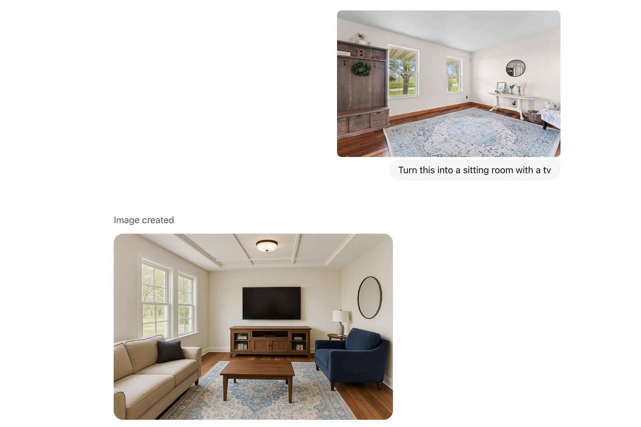 Cozy sitting room makeover with a mounted TV, wood media console, beige sofa, navy armchair, round wall mirror, and blue patterned rug.