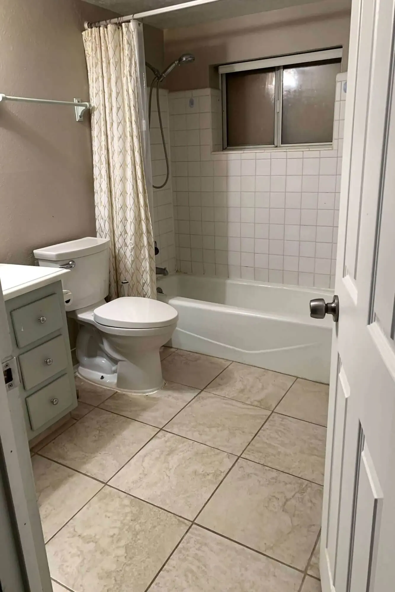 Basement bathroom before remodel with dated vanity and shower