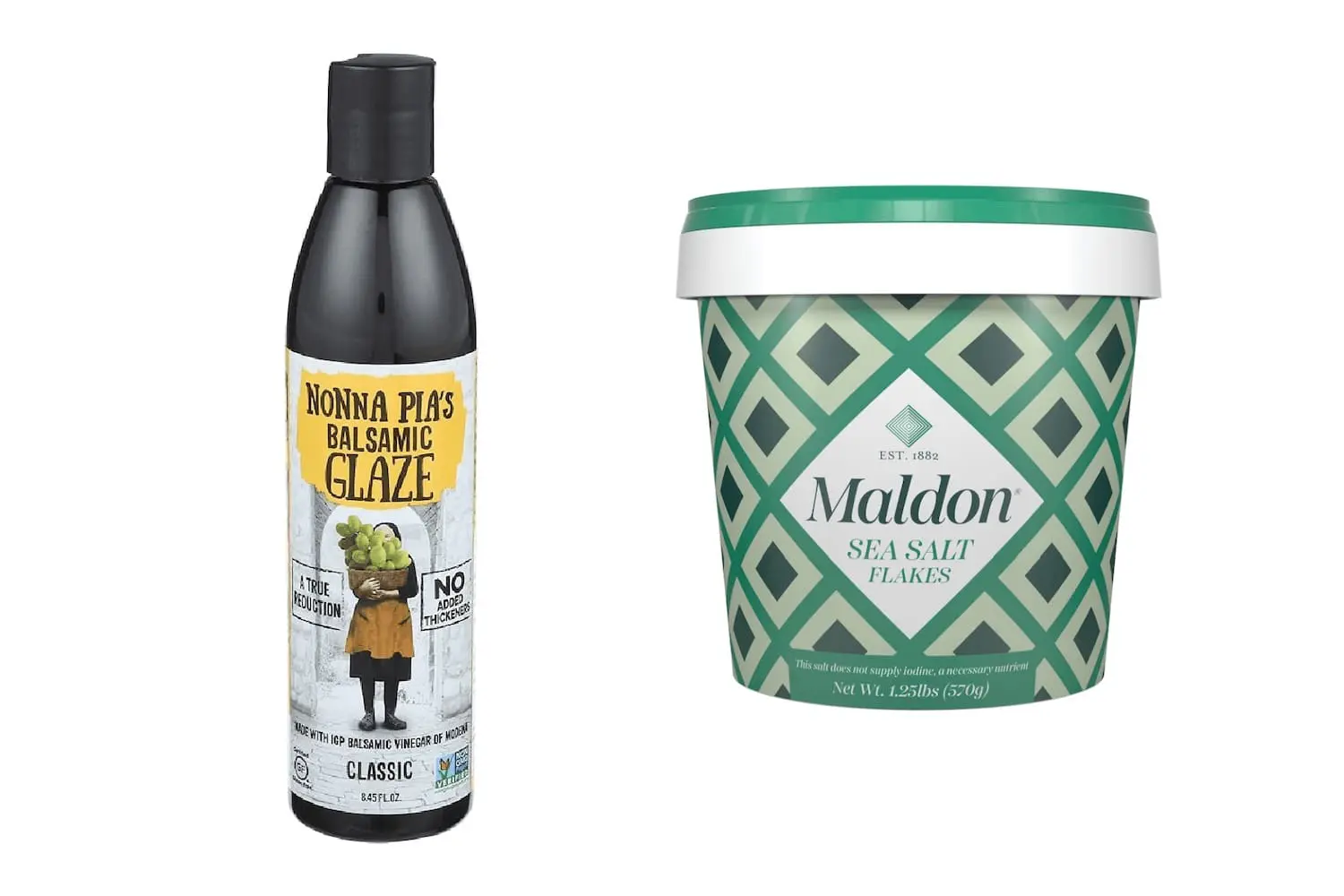 Two products I highly recommend for cooking—Nonna Pia’s balsamic glaze and Maldon sea salt flakes, the best options for flavor and quality.