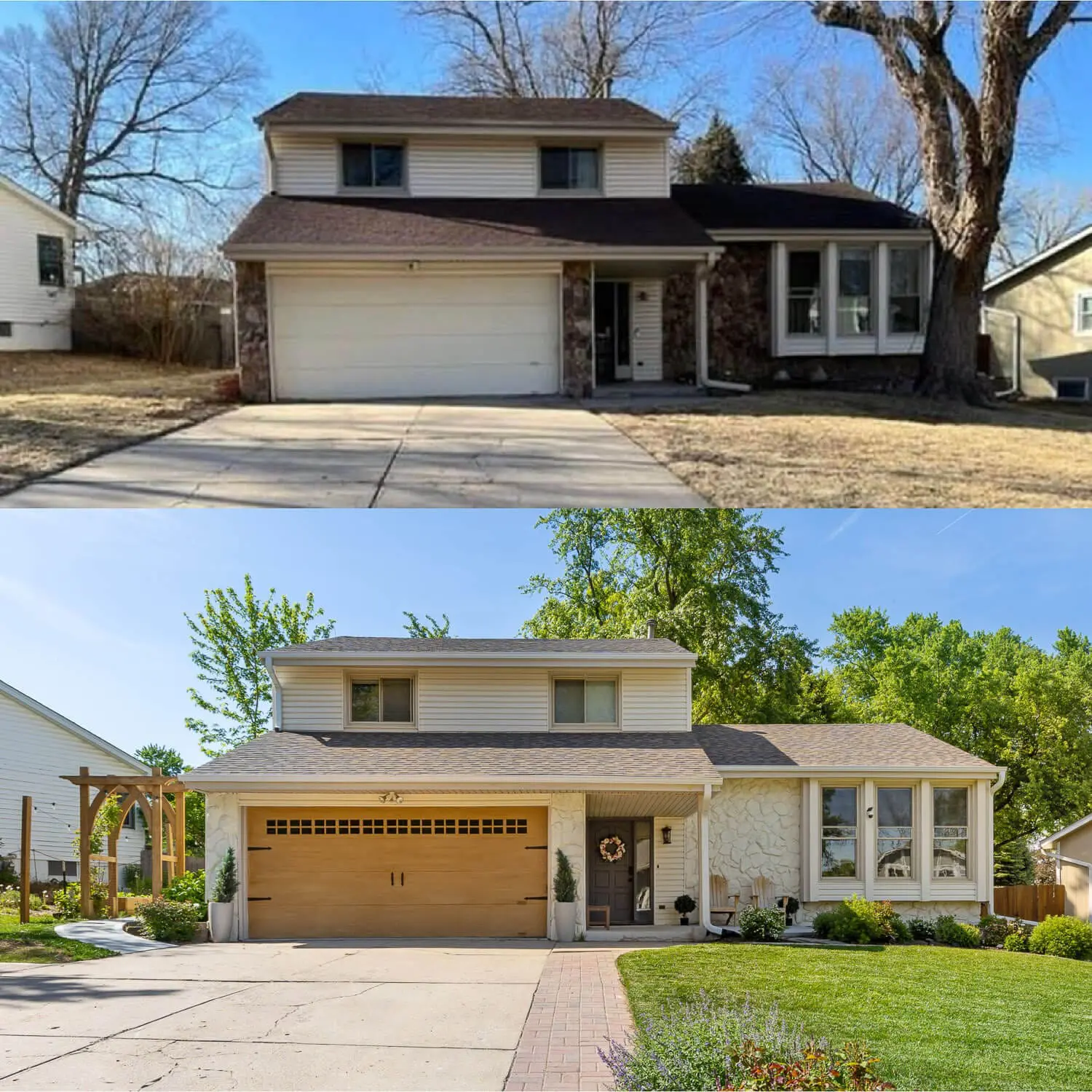 before-and-after exterior of our DIY home remodel showing dramatic curb appeal