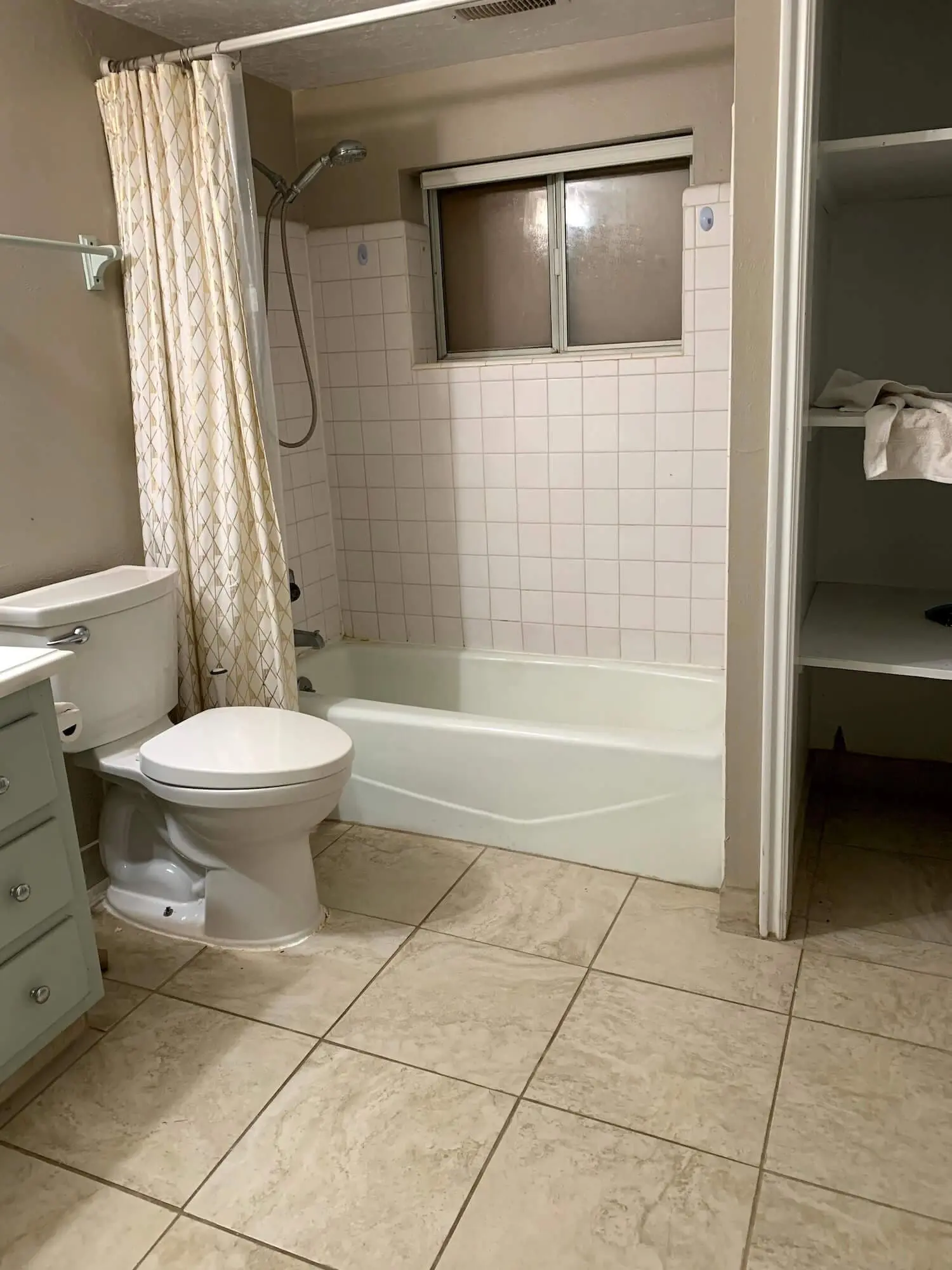 Small bathroom before the remodel showing the original vanity, toilet, and dated shower tile.
