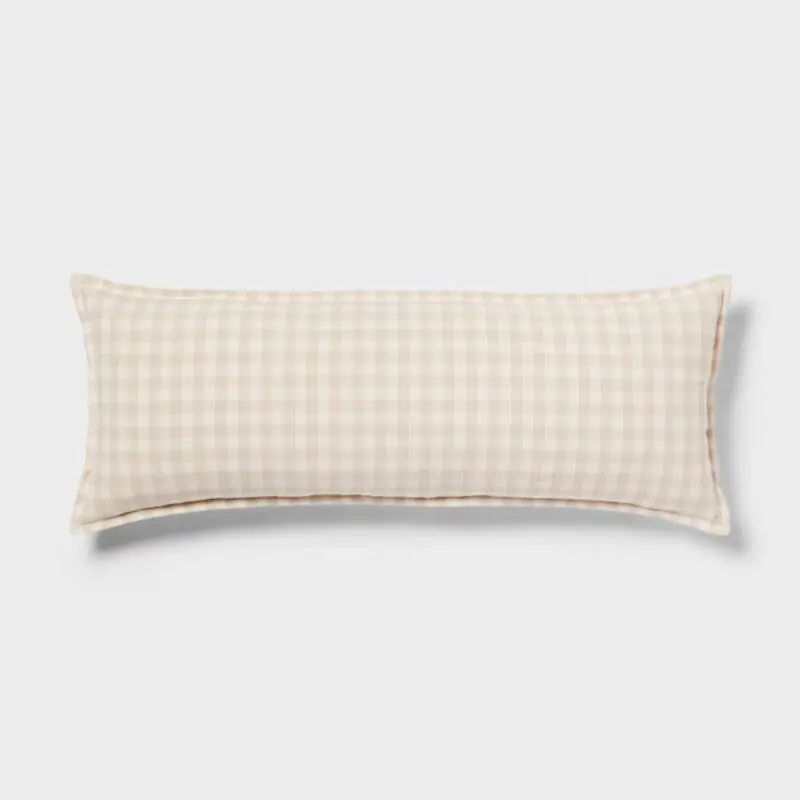 beige gingham lumbar pillow, neutral accent for cozy fall bedding in a guest room refresh.